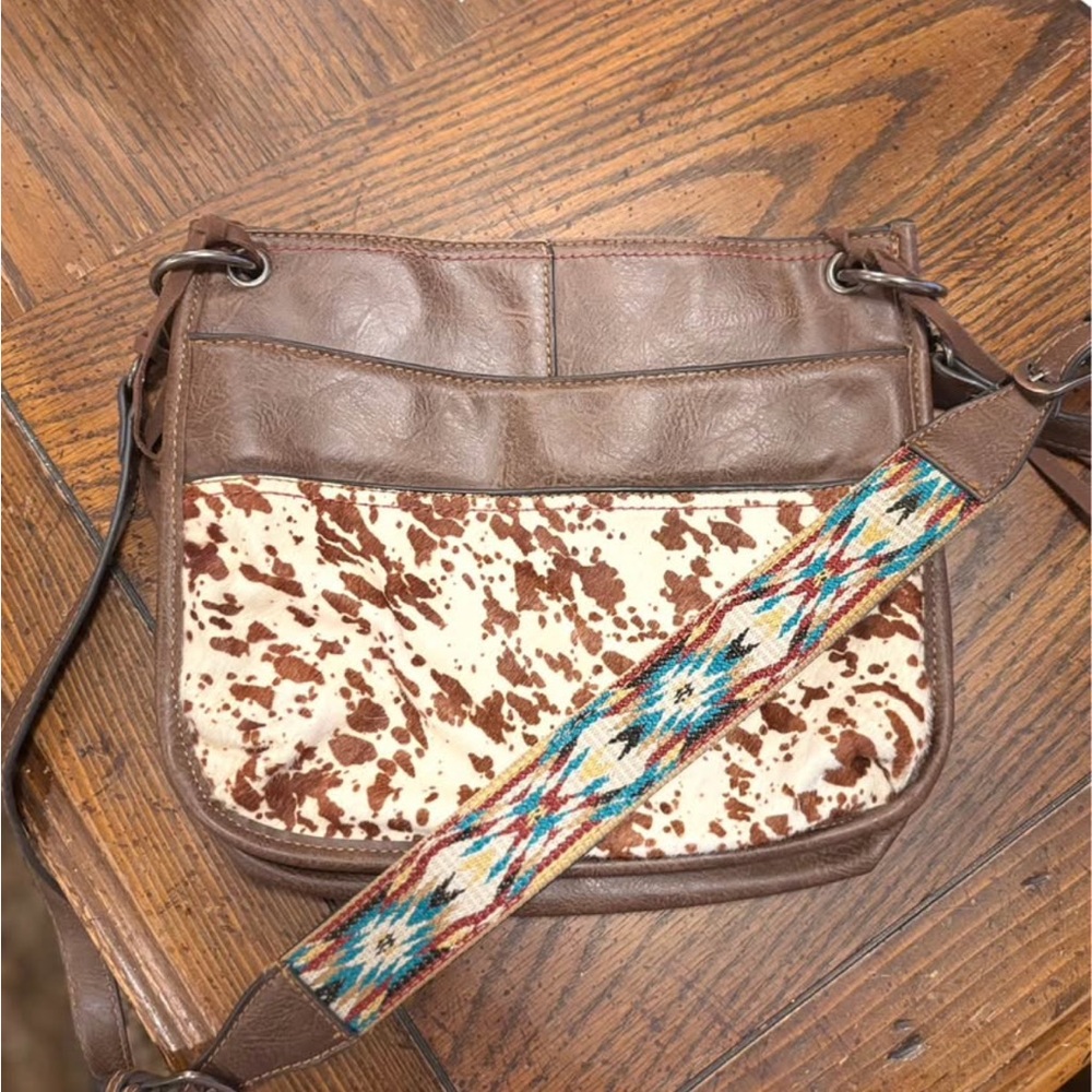 Brown Leather Crossbody Bag with Cowhide Accent and Embroidered Strap
